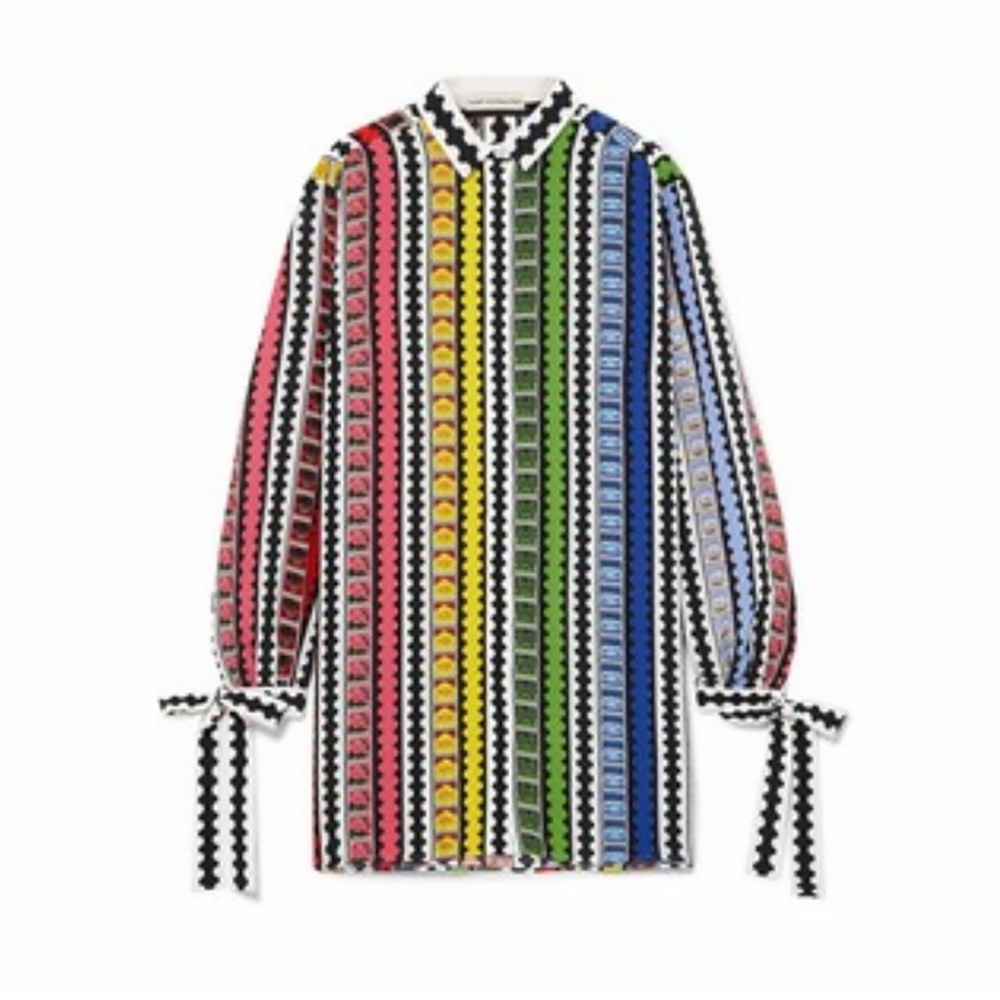 Mary Katrantzou Goya Rainbow Postal Stamp Stripe Tunic Top Scalloped Edge US 6